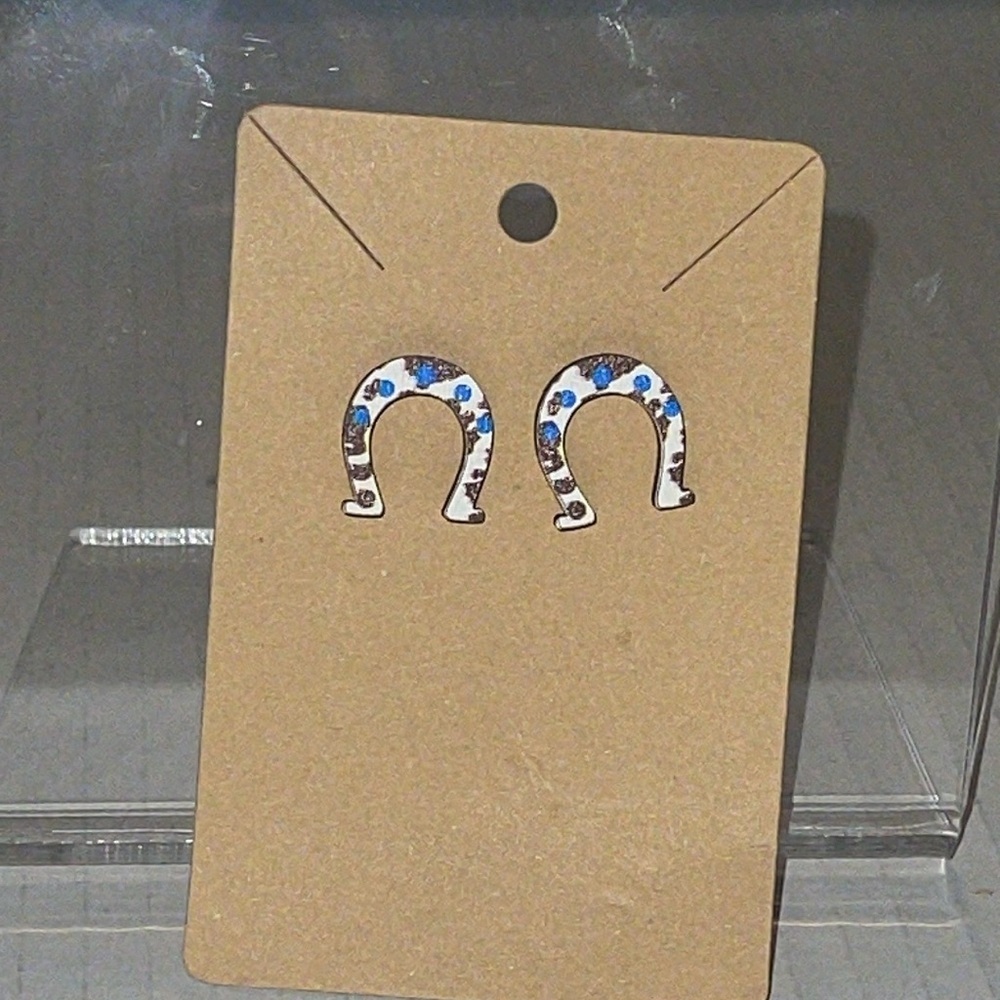 Blue Floral Horseshoe Stud Earrings - Women's Fashion Jewelry